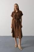 Kuşaklı Cep Detaylı Yarım Kol Elbise - Kahve thumbnail 2