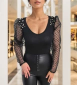 Kadın Uzun Kollu Omuz Inci Kollar Tül Detay Viskon Bluz thumbnail 9