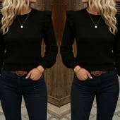 Kadın Uzun Kollu Bisiklet Yaka Omuzları Fırfırlı Triko Bluz thumbnail 12