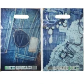 Baskılı Mağaza Poşeti (No 4) 50 Adet Kot Desenli Takviyeli Poşet - 3