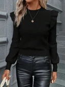 Kadın Uzun Kollu Bisiklet Yaka Omuzları Fırfırlı Triko Bluz thumbnail 4