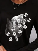 Kadın Uzun Kollu Bisiklet Yaka Desenli Viskon Bluz thumbnail 2