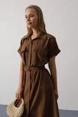 Kuşaklı Cep Detaylı Yarım Kol Elbise - Kahve thumbnail 4