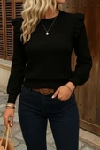 Kadın Uzun Kollu Bisiklet Yaka Omuzları Fırfırlı Triko Bluz thumbnail 10