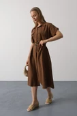 Kuşaklı Cep Detaylı Yarım Kol Elbise - Kahve thumbnail 1