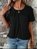 Kadın Kısa Kollu Yuvarlak Yaka önden Pileli Salaş Viskon Bluz thumbnail 1