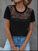 Kadın Kısa Kollu Yuvarlak Yaka ön Dantel Detaylı Viskon Bluz thumbnail 2