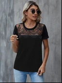 Kadın Kısa Kollu Yuvarlak Yaka ön Dantel Detaylı Viskon Bluz thumbnail 5