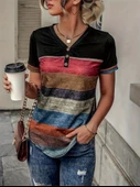 Kadın Kısa Kollu V Yakalı Düğmeli çok Renkli Süprem Bluz thumbnail 2