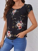 Kadın Kısa Kollu Bisiklet Yaka çiçek Baskılı Süprem Bluz thumbnail 4