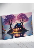 Sakura Ağaçları Altında Göl Evi Tablosu Mor ve Pembe Tonlarda Huzurlu Peyzaj %100 Pamuk Kanvas - 3
