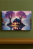 Sakura Ağaçları Altında Göl Evi Tablosu Mor ve Pembe Tonlarda Huzurlu Peyzaj %100 Pamuk Kanvas - 4