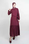 Tesettür Elbise Çift Düğme Detaylı Yandan Bağlamalı Modal Elbise Bordo - 1
