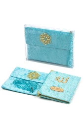 20 Adet Kadife Kaplı Yasin Kitabı - Çanta Boy - İsme Özel Plakalı - Tesbihli - Keseli - Kutulu - Mavi Renk - Mevlit Hediyeliği thumbnail 1