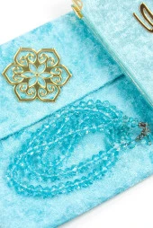 20 Adet Kadife Kaplı Yasin Kitabı - Çanta Boy - İsme Özel Plakalı - Tesbihli - Keseli - Kutulu - Mavi Renk - Mevlit Hediyeliği thumbnail 2