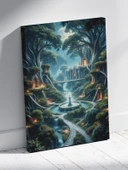Büyülü Ağaç Evler ve Şelaleler Manzarası Tablosu Yüksek Fantasy Peyzaj Sanatı %100 Pamuk Kanvas - 3