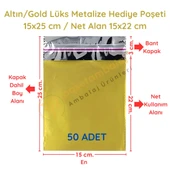 15x25 cm Altın Renk Bantlı Lüks Metalize Hediyelik Poşet (50 Adet) - 1