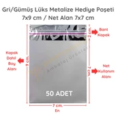 7x9 cm Gümüş Renk Bantlı Lüks Metalize Hediyelik Poşet (50 Adet) - 1