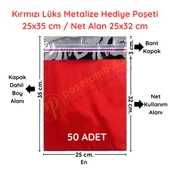 25x35 cm Kırmızı Renk Bantlı Lüks Metalize Hediyelik Poşet (50 Adet) - 1