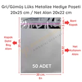 20x25 cm Gümüş Renk Bantlı Lüks Metalize Hediyelik Poşet (50 Adet) - 1