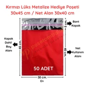 30x45 cm Kırmızı Renk Bantlı Lüks Metalize Hediyelik Poşet (50 Adet) - 1