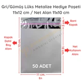 11x12 cm Gümüş Renk Bantlı Lüks Metalize Hediyelik Poşet (50 Adet) - 1