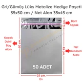 35x50 cm Gümüş Renk Bantlı Lüks Metalize Hediyelik Poşet (50 Adet) - 1