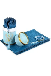 Özel Silindir Kutulu Set İnci Tesbihli Pamuklu Fistolu Mevlid Örtülü Petrol Renk thumbnail 1