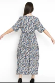 Sarı Gri Mavi Çiçek Desenli Salaş Yazlık Elbise - 2