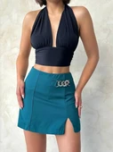 Zincirli şort etek petrol yeşili s24676 thumbnail 1