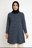 Lacivert Çiçek Desenli Tesettür Tunik - 1