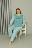 Moda Çizgi Welsoft Polar Kadın Büyük Beden Su Yeşili Pijama Takımı 808046 - 4