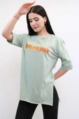 Moda Çizgi Bisiklet Yaka Oversize Tshirt Mint thumbnail 3