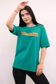 Moda Çizgi Bisiklet Yaka Oversize Tshirt Yeşil - 3