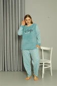 Moda Çizgi Welsoft Polar Kadın Büyük Beden Su Yeşili Pijama Takımı 808046 - 2