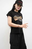 Moda Çizgi Shine Baskılı Tshirt Siyah - 1