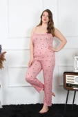 Moda Çizgi Kadın Büyük Beden Somon İp Askılı Pijama Takım 202196 - 1