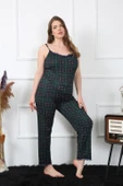 Moda Çizgi Kadın Büyük Beden Yeşil Ekoseli İp Askılı Pijama Takım 202197 thumbnail 2