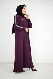 Yıldız Arma Desenli Kol Seritli Tesettür Ferace Mor 2176 - 1