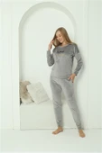 Moda Çizgi Kadın Kadife Gri Pijama Takım 20624 - 2