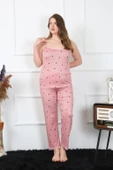 Moda Çizgi Kadın Büyük Beden Somon İp Askılı Pijama Takım 202196 - 4