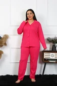 Moda Çizgi Kadın Büyük Beden Pamuklu Cepli Düğmeli Fuşya Pijama Takım 202401 - 5