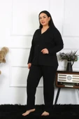 Moda Çizgi Kadın Büyük Beden Pamuklu Cepli Düğmeli Siyah Pijama Takım 202401 thumbnail 3