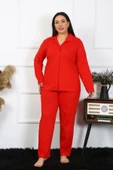 Moda Çizgi Kadın Büyük Beden Pamuklu Cepli Düğmeli Kırmızı Pijama Takım 202401 thumbnail 6