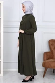 Medine İpeği Tesettür Pile Detaylı Ferace MS-0165 Haki thumbnail 3
