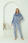 Moda Çizgi Kadın Kadife Mavi Pijama Takım 20624 - 4