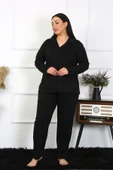 Moda Çizgi Kadın Büyük Beden Pamuklu Cepli Düğmeli Siyah Pijama Takım 202401 thumbnail 4
