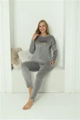 Moda Çizgi Kadın Kadife Gri Pijama Takım 20624 - 6