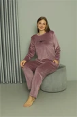 Moda Çizgi Büyük Beden Kadın Kadife Mor Pijama Takım 20628 thumbnail 1