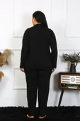 Moda Çizgi Kadın Büyük Beden Pamuklu Cepli Düğmeli Siyah Pijama Takım 202401 thumbnail 2
